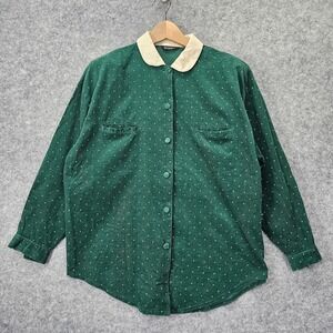 Vintage 90s Corduroy Shirt Womens XL Green Polka Dot Whimsy Oversized PACOS